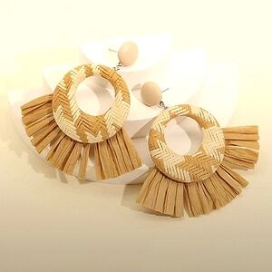 Raffia Straw Fringe Rattan Fan 3" Statement Hoop Earrings Beachy Boho Nude